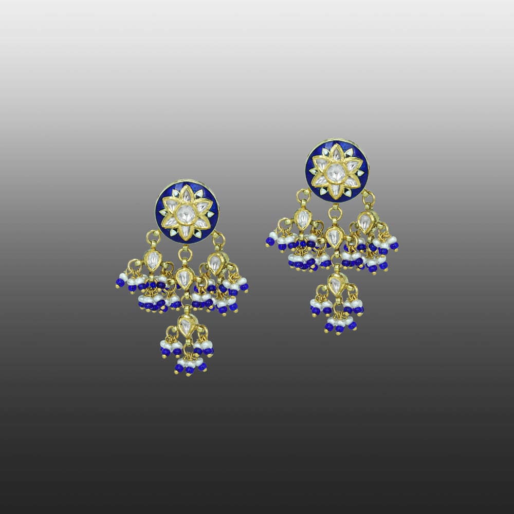 Floral Motif Earrings with Blue Enamel and Cascading Beads